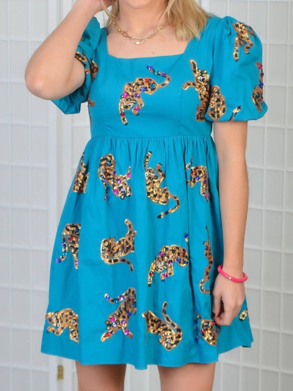 Queen of Sparkles Leapin’ Teal Blue Leopards Sequin Mini Dress